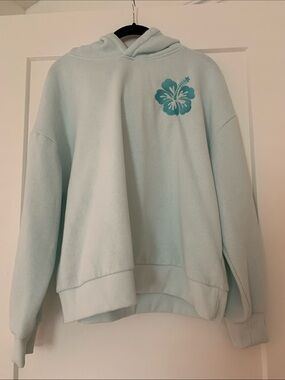 Light Blue Hoodie with Teal Hibiscus Embroidery